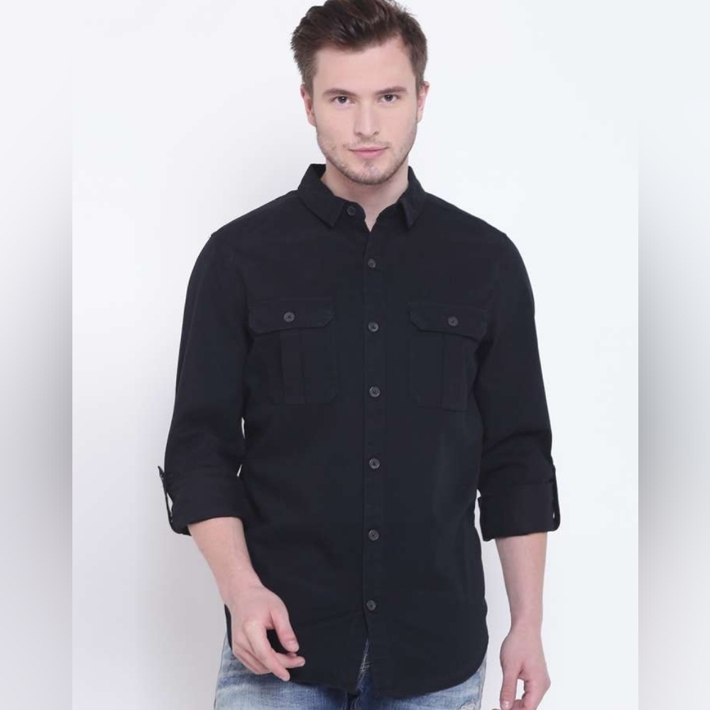Forever 21 Mens Shirt Size L Black Denim Casual Button up Roll Up sleeves